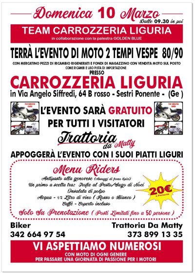 Locandina evento Evento Team carrozzeria Liguria moto 2 tempi anni 80/90 vespe mercatino pezzi di ricambio usati nuovi fondi di magazzino 