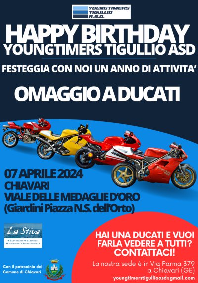 Locandina evento Happy Birthday Youngtimers Tigullio ASD - Omaggio a Ducati