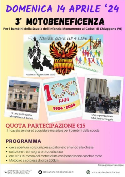Locandina evento 3^ MOTOBENEFICENZA SCUOLA DELL'INFANZIA MONUMENTO AI CADUTI CHIUPPANO
