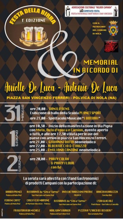Locandina evento 1^ FESTA DELLA BIRRA & MEMORIAL IN RICORDO DI ANIELLO DE LUCA E ANTONIO DE LUCA