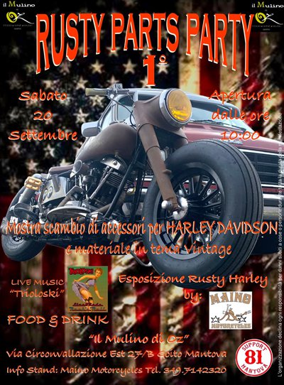 Locandina evento RUSTY PARTS PARTY Mostra scambio accessori Harley Davidson 