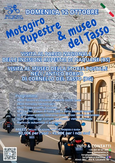 Locandina evento MOTOGIRO RUPESTRE E VISITA AL MUSEO DEL TASSO E DELLA STORIA POSTALE