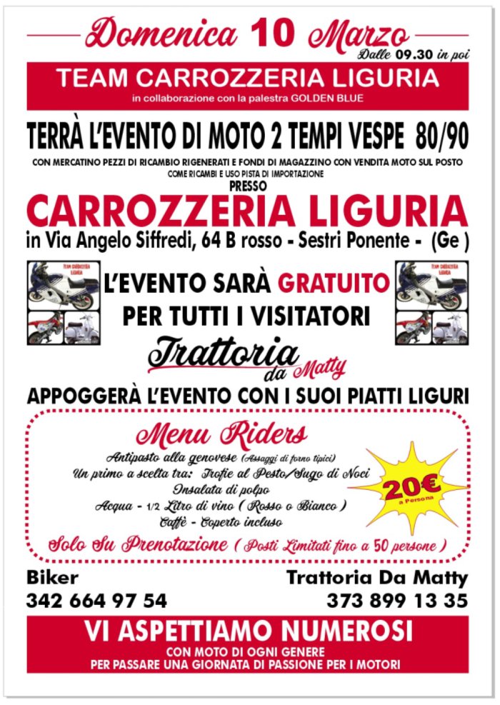 Evento Team carrozzeria Liguria moto 2 tempi anni 80/90 vespe mercatino pezzi di ricambio usati nuovi fondi di magazzino 